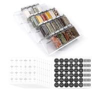 Viymgit Spice Drawer Organiser with 28 Jars, 348 Labels, 4oz Glass Spice Containers with Shaker Lids 4 Tier Clear Acrylic Seasoning Rack Tray Insert for Kitchen Drawers