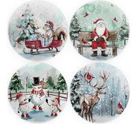 Viynran 10" Christmas Melamine Plate Set - Dishwasher-Safe, Festive Round Plates with Santa, Snowman, Reindeer & Squirrel Watercolor Designs - Holiday Dinnerware for Table Decor & Parties (Set of 4)