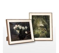 VIYYIEA Framed Canvas Wall Art 2 Set White Rose in Vase and Landscape Oil Painting Canvas Art Flower Wall Decor Classical Scenery Farmhouse Room Decor Vintage Floral Home Decor for Bedroom Bathroom