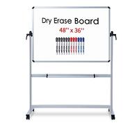 VIZ-PRO Double-Sided Magnetic Revolving Mobile Whiteboard 120 x 90 cm, Aluminium Frame & Stand, with 12-Count Low-Odor Whiteboard Pens