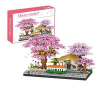 VizBrou Japanese Cherry Train Station Building Blocks Set, 3668Pcs Sakura Blossom Tree House Collection Mini Bricks for Adults, DIY Home Decor Construction Toy Gift for Girls, Women