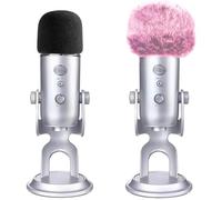 VIZEMO 2 PCS Microphone Foam Microphone Windscreen with Furry Windscreen Muff - Mic Wind Cover Pop Filter for Blue Yeti, Blue Yeti Pro USB Microphone (2 Pack) (Fuzzy-Pink+ Black Foam)