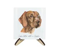 Vizsla Coaster Set - Life's Better With a Dog Gift - Square Glass Set of Four (4) Coasters & Wood-Effect Stand