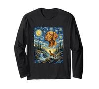 Vizsla Dog Moon Howling Starry Night Van Gogh Art Style Dog Long Sleeve T-Shirt