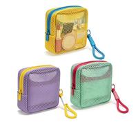 VizWqm Small Makeup Bag, Mesh Cosmetic Pouch See Through with Detachable Hand Strap, Dopamine Color Partitioned Storage Organizer for Travel, Coin Purse & Cable Organizer, Yellow+Light Purple+Green