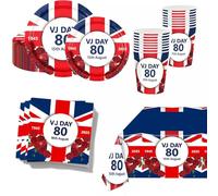 VJ Day 80th Anniversary Tablecloths Paper Plates,69Pcs Vj Day Party Tableware Set,Paper Plates for Liberation Day,Union Jack Plates,TableCloth,Napkins,Cups for 2025 VJ DAY 80th Anniversary Party Decor