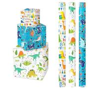 VJAIHOA Dinosaur Gift Wrapping Paper, 3 Rolls - 17" x 120" Per Roll Wrapping Paper, Gift Wrap, Dinosaur Party Gift, Happy Bday Wrap, Birthday Gift Wrap for Girls,