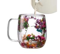 Vjeybv Double Wall Dried Flower Glass Mug, Elegant Dried Flowers Glass Tea Cup, Heat Resistant Double Wall Art Dry Flower Cup Coffee Mug with Handle for Tea, Coffee