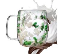 Vjeybv Double Wall Dried Flower Glass Mug, Elegant Dried Flowers Glass Tea Cup, Heat Resistant Double Wall Art Dry Flower Cup Coffee Mug with Handle for Tea, Coffee