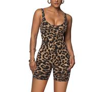 VJHX Leopard Cheetah Print One Piece Shorts Jumpsuits for Women Elegant Bodycon Rompers Sexy Club Workout Yoga Short Bodysuit, Black Leopard, XS