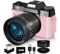 VJIANGER 2026 Upgrade 4K Digital Camera for Photography 56MP Vlogging Camera for YouTube with WiFi, 180°Flip Screen, 16X Digital Zoom, 52mm Lens, 32GB Micro SD Card, 2 Batteries(Pink)