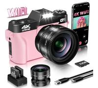 VJIANGER 4K Vlogging Camera for YouTube 48MP Digital Camera for Photography and Video with Flip Screen, Manualfocus, 16X Digital Zoom, 52mm Wide Angle & MacroLens, 32GB TF Card, 2 Batteries(Pink)