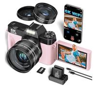 VJIANGER 4K Vlogging Camera for YouTube 48MP Digital Camera for Photography and Video with Flip Screen, Manualfocus, 16X Digital Zoom, 52mm Wide Angle & MacroLens, 32GB TF Card, 2 Batteries(Pink)