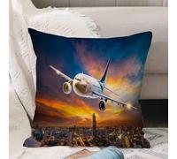 VJIZLOQB Throw Pillow Cushion Cover,Airplane for transportation flying over the night scene city on beautiful sunset backgroun,Pillow Cover for Home Livingroom Couch Bed Sofa Decorate 16 x 16 in