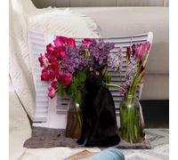 VJIZLOQB Throw Pillow Cushion Cover,black cat raises his head. on the windowsill against the background of flowers and window,Pillow Cover for Home Livingroom Couch Bed Sofa Decorate 20 x 20 in