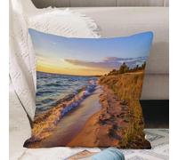VJIZLOQB Throw Pillow Cushion Cover,Coastline, Sandy Calm Beach Ocean Waves Tranquil seaside setting Sun, Orange Marigold,Pillow Cover for Home Livingroom Couch Bed Sofa Decorate 16 x 16 in