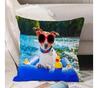 VJIZLOQB Throw Pillow Cushion Cover,Funny Jack Russell dog with sunglasses sitting on the lake beach puppy at the beach pictur,Pillow Cover for Home Livingroom Couch Bed Sofa Decorate 16 x 16 in