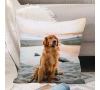 VJIZLOQB Throw Pillow Cushion Cover,Golden retriever dog sitting on the beach by the sea,Pillow Cover for Home Livingroom Couch Bed Sofa Decorate 16 x 16 in