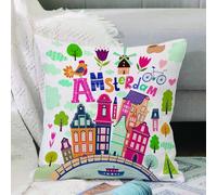VJIZLOQB Throw Pillow Cushion Cover,Illustration of Amsterdam architecture in cartoon, Dutch style with colorful icons of the,Pillow Cover for Home Livingroom Couch Bed Sofa Decorate 16 x 16 in