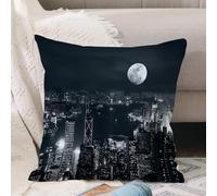 VJIZLOQB Throw Pillow Cushion Cover,Modern, aerial view of Hong Kong city at night with full moon mystical architecture,Pillow Cover for Home Livingroom Couch Bed Sofa Decorate 16 x 16 in