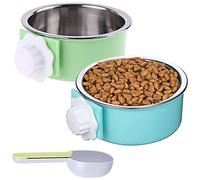 Vklopdsh 2 Pieces Crate Dog Bowl, Removable Stainless Steel Pet Kennel Hanging Food Water Feeder Bowl Cage Coop Cup with Spoon