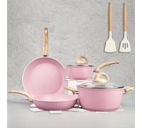 Vkoocy Non Stick Pots and Pans Set, Healthy Ceramic Cookware Set, 12pcs Kitchen Cooking Pots and Frying Sauce Saute Pans Set, PFAS-Free with Kitchen Utensils and Lid, Pink
