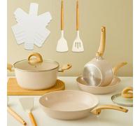 Vkoocy Non Stick Pots and Pans Set, Healthy Ceramic Cookware Set, 12pcs Kitchen Cooking Pots and Frying Sauce Saute Pans Set, PFAS-Free with Kitchen Utensils and Lid, Tan