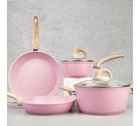 Vkoocy Pink Pots and Pans Set Nonstick Induction Kitchen Cookware Set Cooking Sets 6 Pcs with Frying Pan Granite Stone Bakelite Wood Handle