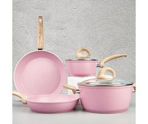 Vkoocy Pink Pots and Pans Set Nonstick Induction Kitchen Cookware Set Cooking Sets 6 Pcs with Frying Pan Granite Stone Bakelite Wood Handle