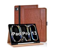 Vkooer Case for iPad Pro 13 Inch Case M5 2025/M4 2024, PU Leather Business Folio Flip Cover Multi-Angle Viewing Smart Stand Cover with Pocket, Hand Strap, Support Auto Sleep/Wake - Brown