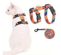 VKPETFR Cat Harness and Leash Set with Airtag Holder for Walking & Travelling, Escape Proof Cat Harness for Small Medium Large Kitten, Adjustable Lightweight Soft Cat Vests(Orange Print)