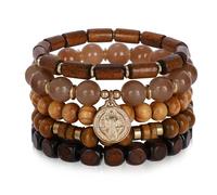 VKSG 5pcs Wooden Bead Bracelet Set with Charm and Tassel for Men & Women - Stackable Boho Bracelets, Amber Color Scheme Adjustable Bracelet-Funky Style, Father'S Day, Mother'S Day, Christmas