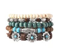 VKSG 5pcs Wooden Bead Flower Bracelet Set For Men & Women - Stackable Boho Bracelets, Adjustable Grunge Wristbands-Funky Style, Father'S Day, Mother'S Day, Christmas, Birthdays, Thanksgiving Bracelets