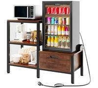 VKTO Mini Fridge Stand with Storage, 3-Tier Metal Microwave Stand Shelf | Microwave and Coffee Bar with Power Outlets, Dorm Fridge Stand, Baker Rack for Apartment, Kitchen, Living room, Rustic Brown