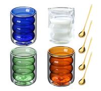 VKTY Double Walled Glass Coffee Mugs 4 PCS 200 ml Cappuccino Latte Macchiato Glass Cups, Ripple Shaped Coffee Glasses Heat Resistant Glass Cup for Juice, Tea, Milk, Ice Cream (Multicolored)