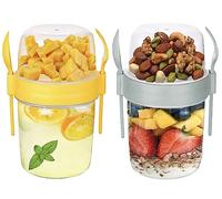 VL 2PCs Yogurt Pots Reusable 650ml Yoghurt Container with Spoon & Fork BPA free Breakfast Pots to GO Muesli Cereal On the Go Dishwasher Safe Lunch Box Oatmeal Jars, Set of 2 (Grey, Yellow)