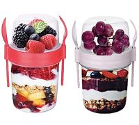 VL 2PCs Yogurt Pots Reusable 650ml Yoghurt Container with Spoon & Fork BPA free Breakfast Pots to GO Muesli Cereal On the Go Dishwasher Safe Lunch Box Oatmeal Jars, Set of 2 (Red, Pink)