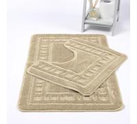 VL Bath Mat Sets 2 Piece Washable 50x80cm - Soft Toilet Mat and Matching Pedestal Mat with Diem Key Pattern - Non-Slip, Quick-Dry, Machine Washable Bathroom Rug for Everyday (Beige)