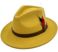 VL Classic Wool Fedora Hat for Men & Women Broad Brim Handmade Appearance with Feather Trim & Adjustable Headband Refined Unisex Concept (UK, Alpha, XL, Mustard)