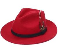 VL Classic Wool Fedora Hat for Men & Women Broad Brim Handmade Appearance with Feather Trim & Adjustable Headband Refined Unisex Concept (UK, Alpha, M, Red)
