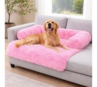 VL Waterproof Pet Bed Calming Dog Sofa with Bolster Cushion, Soft Polyester Fur Fabric, Non-Slip Backing, Comes in 2 Sizes & Colours (Pink, 75x75cm)