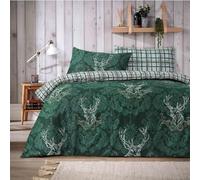 VL Winter Highland Stag Print Bedding Set Reversible Festive Duvet Quilt Cover with Paired Pillow Cases (Green, Double (200 x 200 cm))