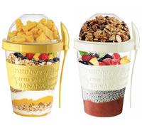 VL Yogurt Pots Spoon Reusable 600ML Overnight Oats Muesli Cup with Lid BPA free Breakfast Cereal To Go Dishwasher Safe Snack Lunch Oatmeal Jars Travel Meal Food Container 20 oz (Yellow,Cream)