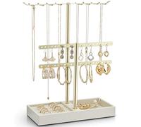 Vlando 2 Tier Jewelry Stand Organizer with Tary, Leather Jewelry Holder Display for Women, Gold Jewlery Holder Stand for Necklace, Earring, Bracelet, Rings - Cloud White