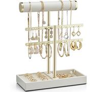 Vlando 2 Tier Necklace Holder Organizer with Tray, Leather Bracelet Holder Display for Women, Gold Jewelry Holder Stand for Bracelet, Necklace, Earrings, Rings - Cloud White