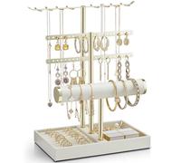 Vlando 3 Tier Jewelry Stand Organizer with Tary, Leather Jewelry Holder Display for Women, Gold Jewlery Holder Display for Necklace, Earring, Bracelet, Rings - Cloud White