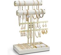 Vlando 3 Tier Necklace Holder Organizer with Tray, Leather Bracelet Holder Display for Women, Gold Jewelry Stand for Bracelet, Necklace, Earrings, Rings - Cloud White