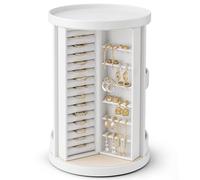 Vlando 360°Rotating Jewelry Box,Earring Organizer Large Vertical Jewelry Organizer with 6 Necklace Hooks, Open Ring Display Storage for Women -White