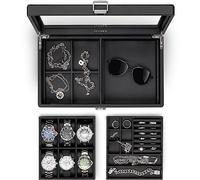 Vlando 6-Slot Watch Box Organize, Lockable Watch Case 2 Layer Watch Holder for Rings, Bracelets, Glasses Glass Lid Removable Divider Gift for Fathers, Husband
