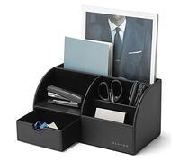 Vlando Desk Organiser with Drawer, Leather Office Stationery Desk Organiser, Multifunctional Desk Pen Organiser, Remote Control Holder, Black